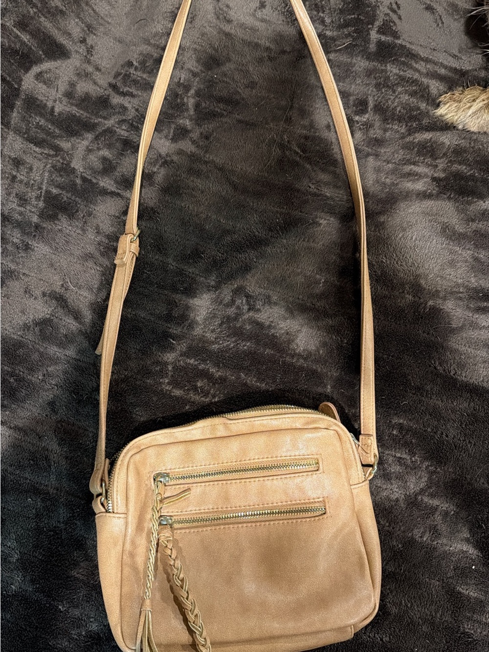 Classic Taupe Crossbody Bag with Braided Tassel